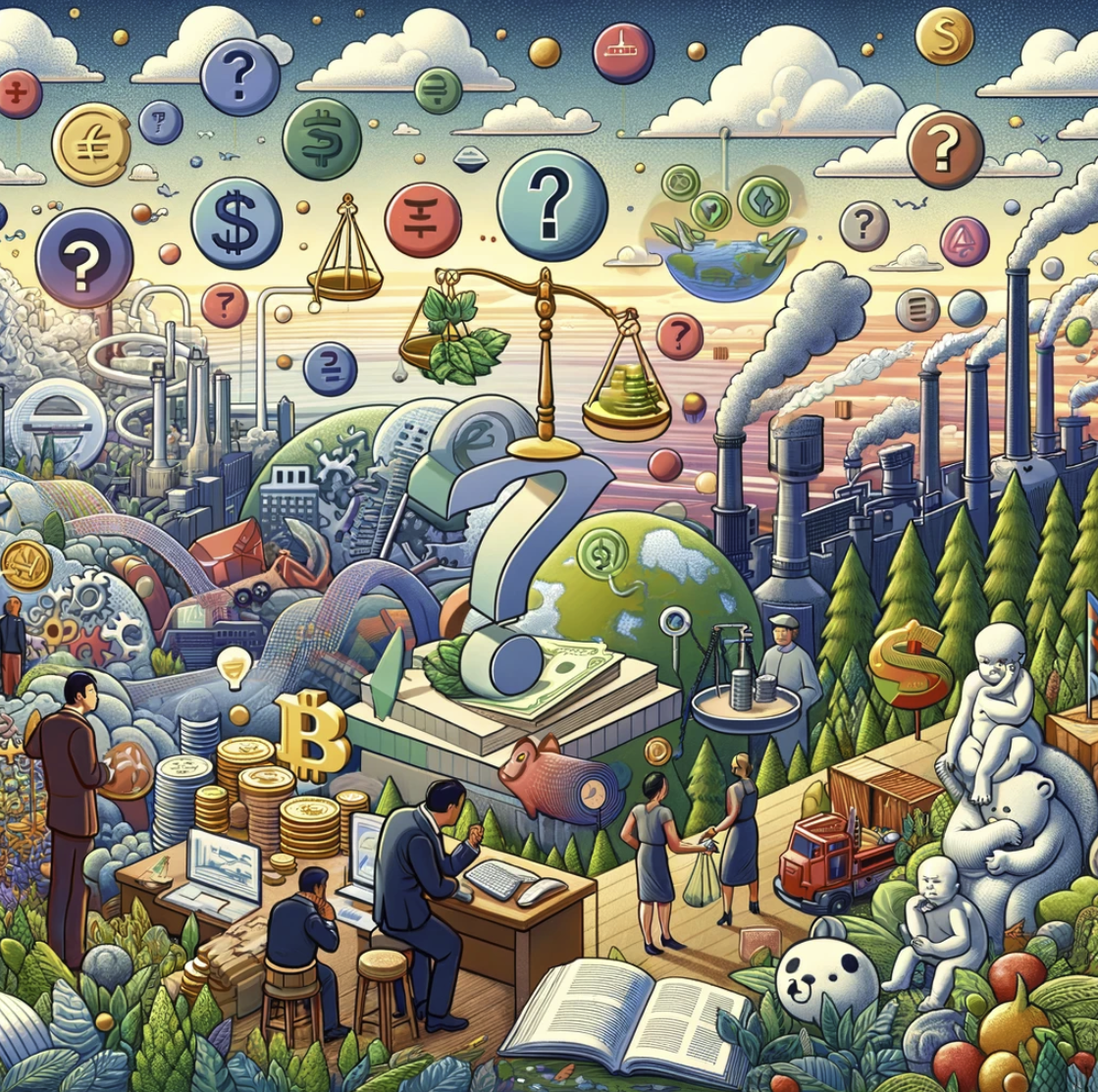 image that represents the philosophy of economics, showcasing a blend of economic symbols and philosophical elements. It captures the intricate relationship between economic activities, ethical considerations, and the broader quest to understand human behavior within the framework of scarcity and choice