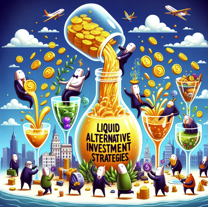 concept of liquid alternative investment strategies in a whimsical manner. It features characters representing different investment opportunities, illustrating the idea of diversified investing
