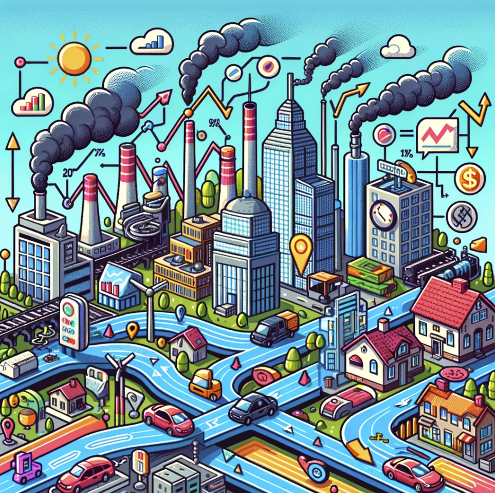 image that creatively visualizes the concept of macroeconomics, featuring a bustling cityscape and the interconnectedness of various economic sectors
